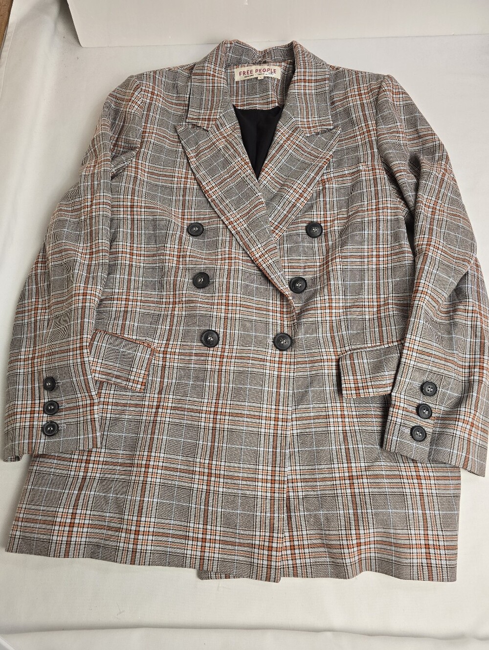 Free People Plaid Double Breasted Blazer Suit Jacket Vintage Inspired Lined L